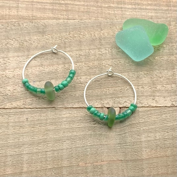 Hand Crafted Jewelry - Sea Glass Beach Boho Hoop Earrings| Genuine Seaglass| Beach Jewelry Gift